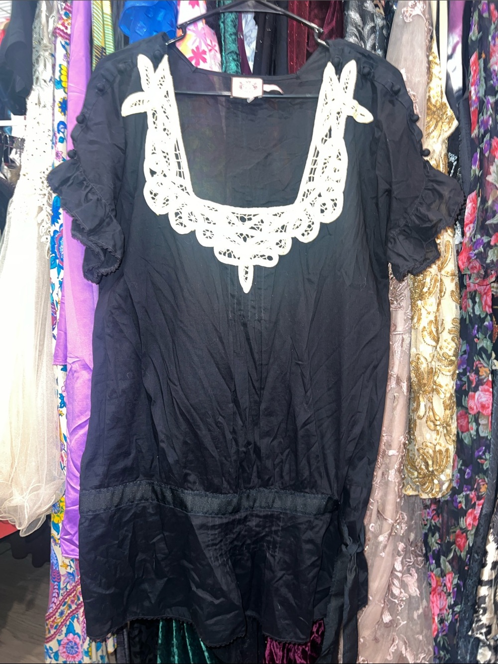 Y2K Juicy Couture Black Women's Tunic mini dress with White Crochet lace collar